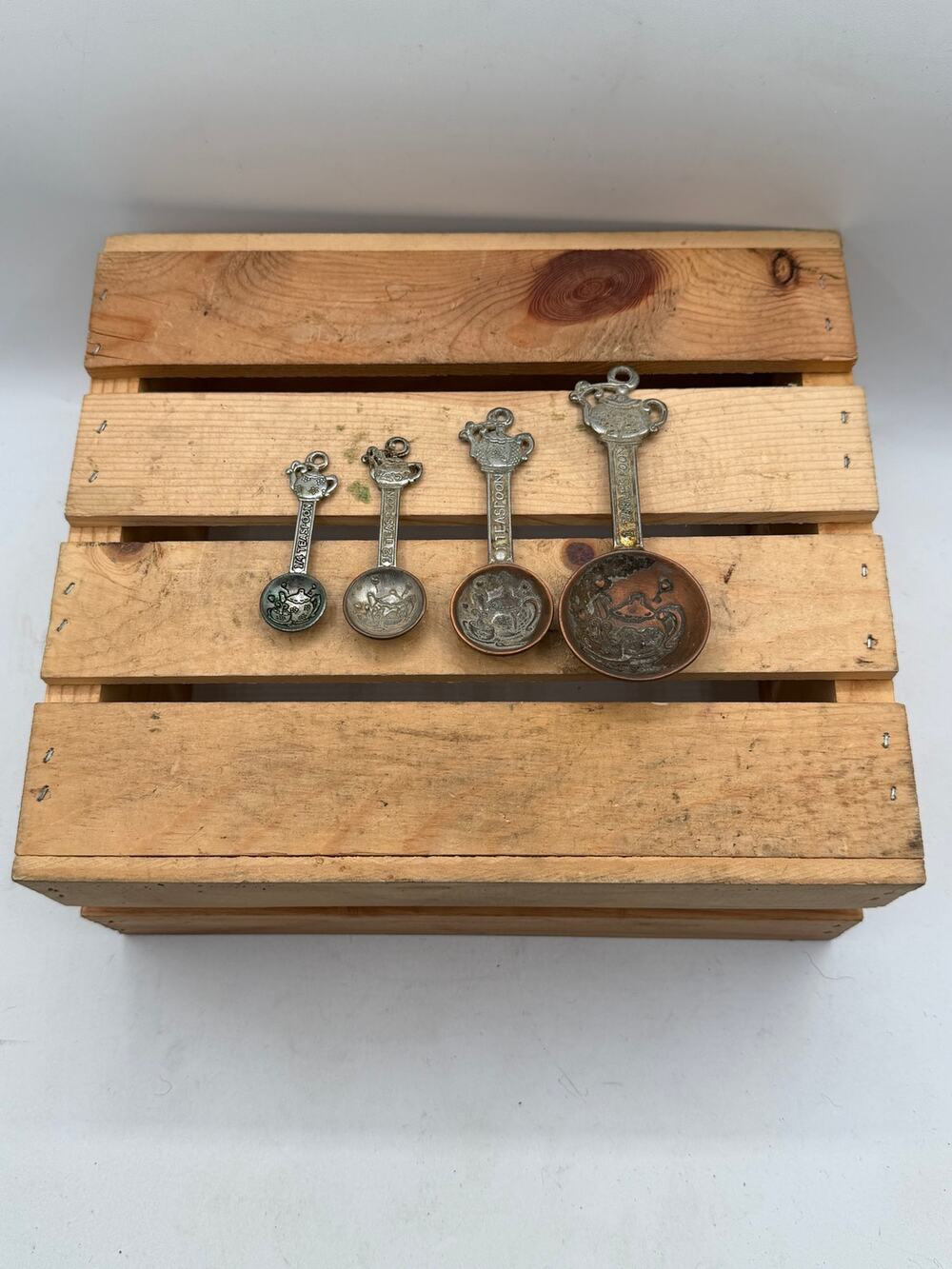 Vintage Pewter & Copper Tone Teapot Measuring Spoons - (Set of 4)